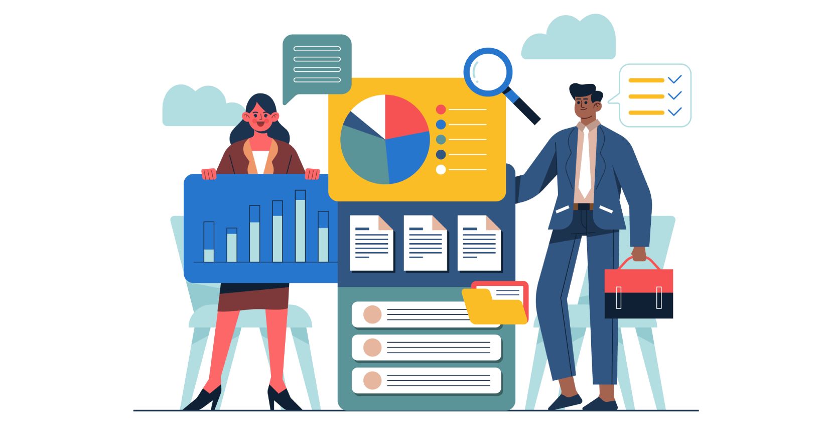 Two professionals analysing financial data and portfolio performance with graphs, charts, and reports.